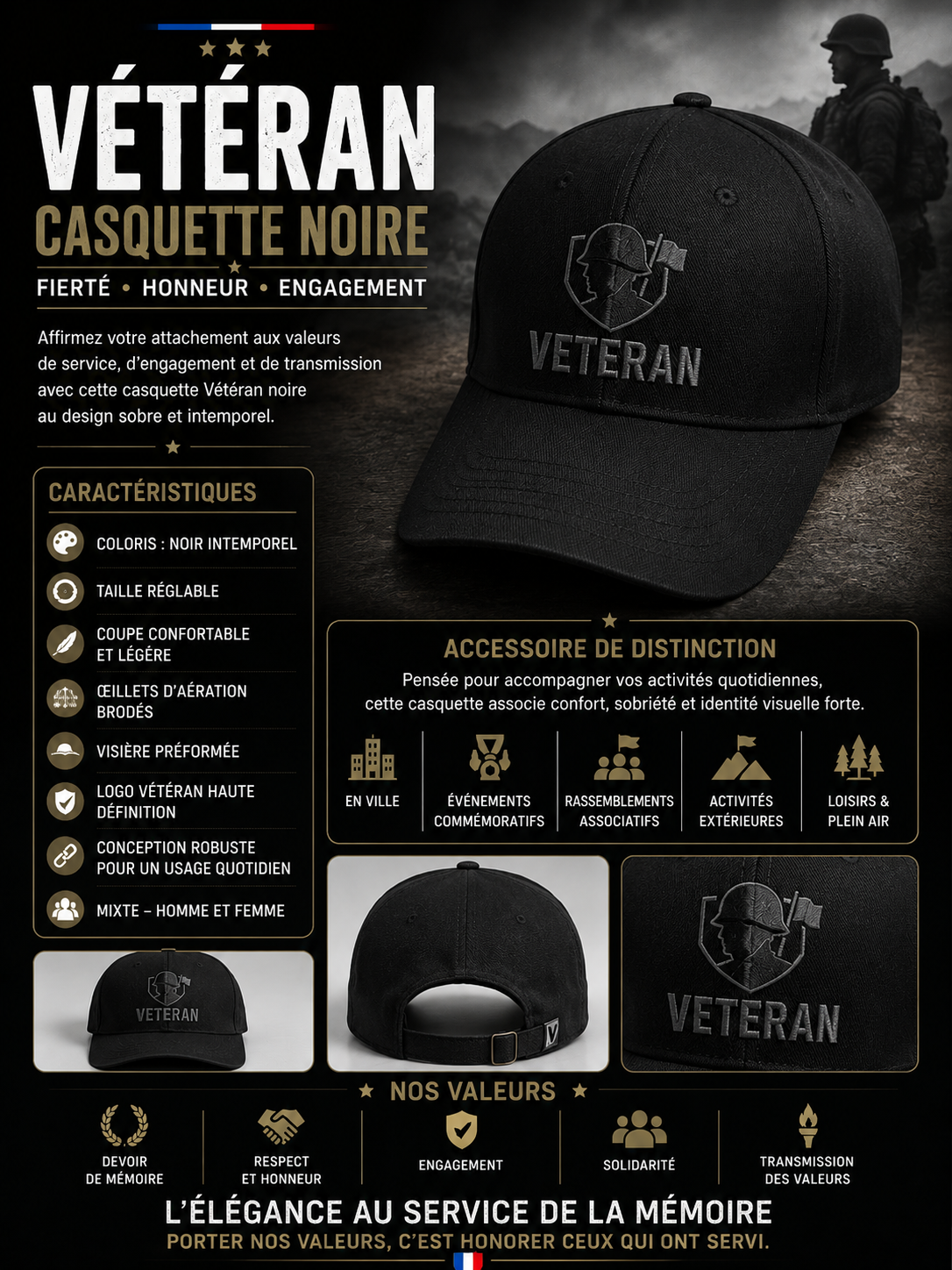 CASQUETTE NOIRE VÉTÉRAN
