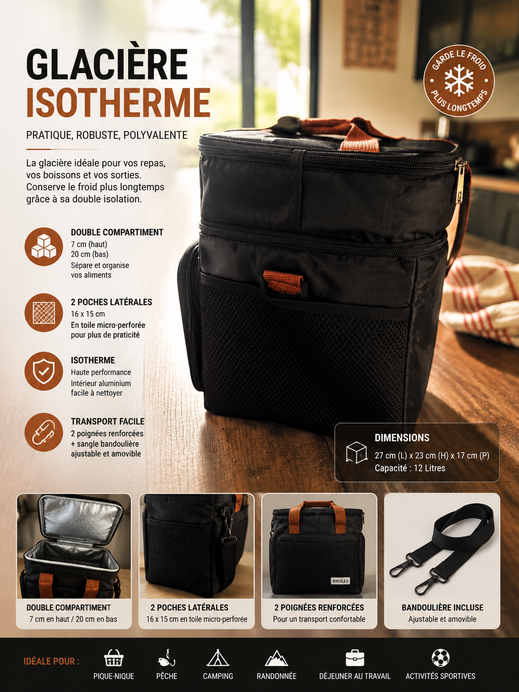 GLACIÈRE noire ISOTHERME DOUBLE COMPARTIMENT – 12 L
