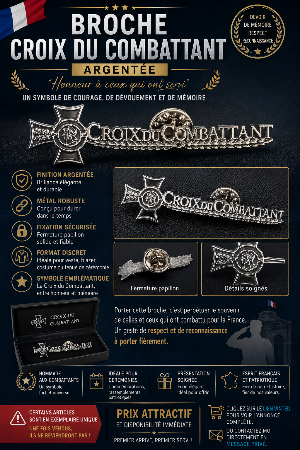 BROCHE « CROIX DU COMBATTANT » ARGENTÉE