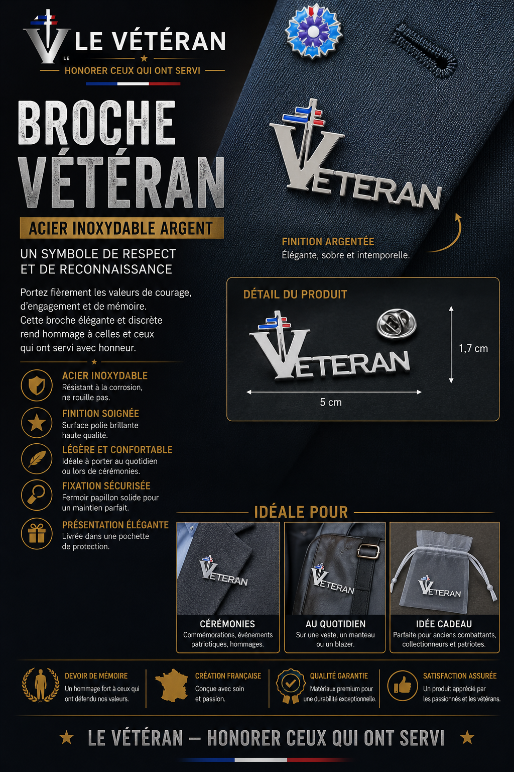 BROCHE VÉTÉRAN – ACIER INOXYDABLE ARGENTÉ
