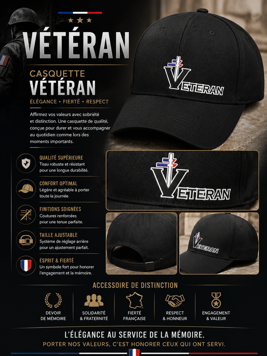 CASQUETTE NOIRE VÉTÉRAN Élégance • Fierté • Respect
