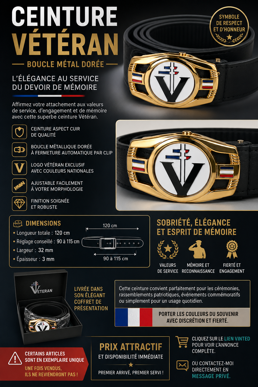 CEINTURE VÉTÉRAN – BOUCLE MÉTAL DORÉE
