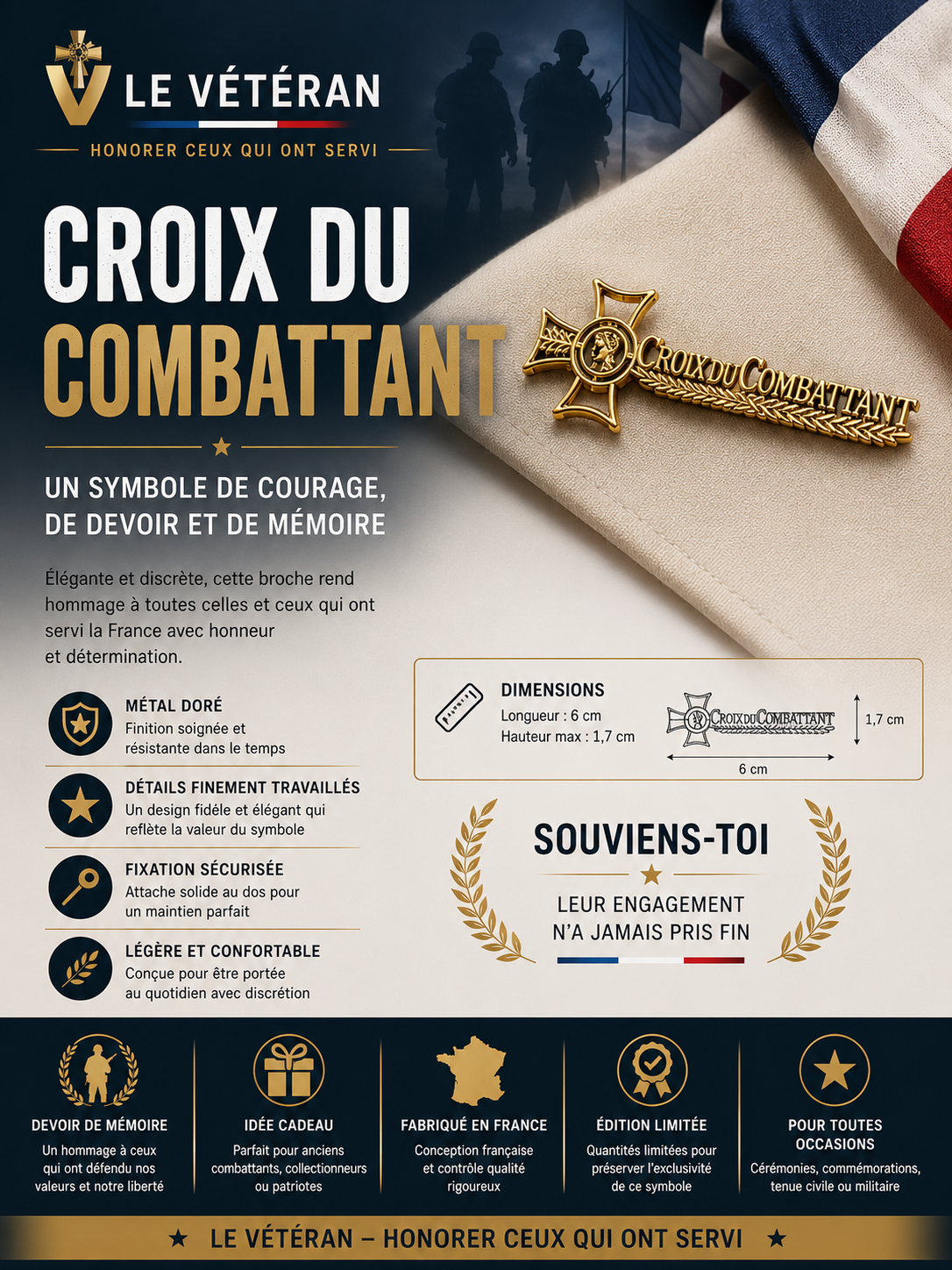 Broche Croix du Combattant – Broche Métal Doré