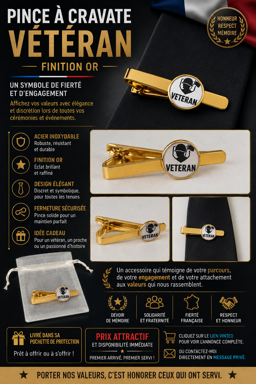 PINCE À CRAVATE VÉTÉRAN – FINITION OR